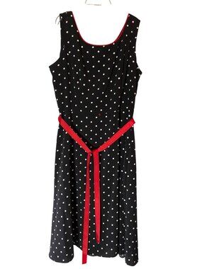Studio I Black & White Polka Dot Dress Red Trim & Belt Sleeveless Size 16